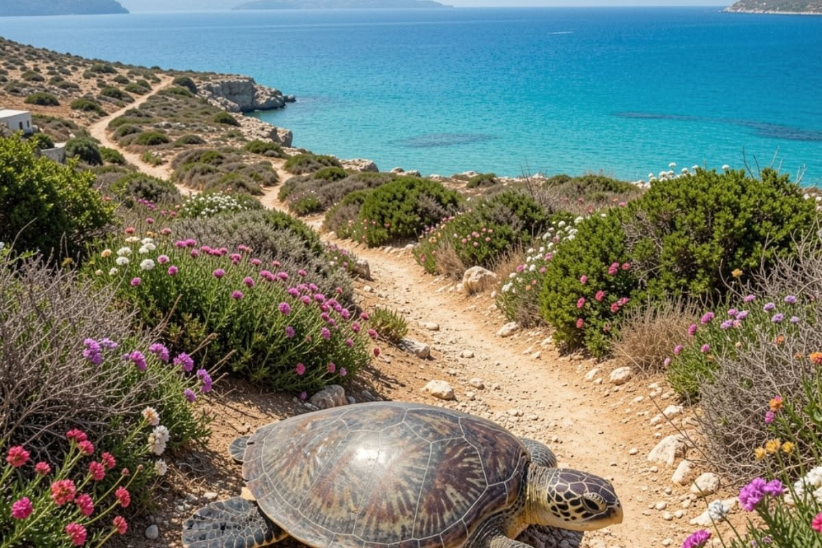 Tartaruga marina verde che depone uova nella sabbia di una spiaggia tropicale al tramonto, con onde sullo sfondo e tracce nella sabbia
